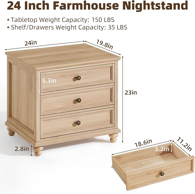 Joaxswe 24" Wide Farmhouse Night Stand Set of 2,Large End Table with 3 Drawers & Metal Handle,Wood Dresser for Bedroom,Bed Side Table Chest of Drawers Cabinet,Natural Nightstand for Living Room,Closet