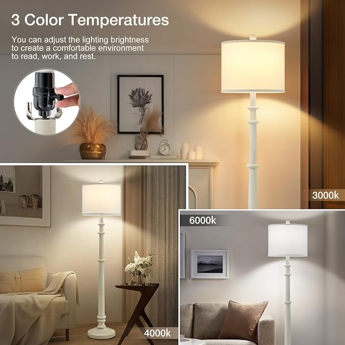 Floor Lamps for Living Room - 60" Farmhouse Floor Lamp with Adjustable Color Temperatures - Vintage Standing Lamp Reading Light with Linen Shade Retro Tall Lamp for Bedroom Office, Almond White