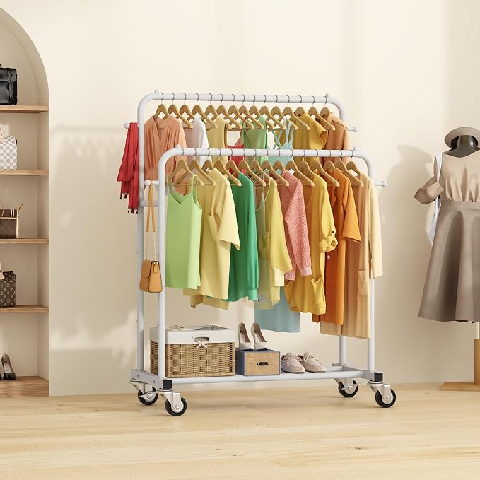 Laiensia Double Rods Garment Rack with Wheels, Clothing Rack for Hanging Clothes,4 Hooks, Multi-functional Bedroom Clothes Rack, White