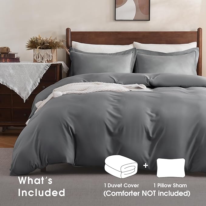 FreshCulture Twin Duvet Cover - 2 Pieces Microfiber Duvet Cover Set with Zipper Closure - Lightweight & Easy Care - 1 Comforter Cover & 1 Pillow Sham - Comforter Not Included (Dark Grey)