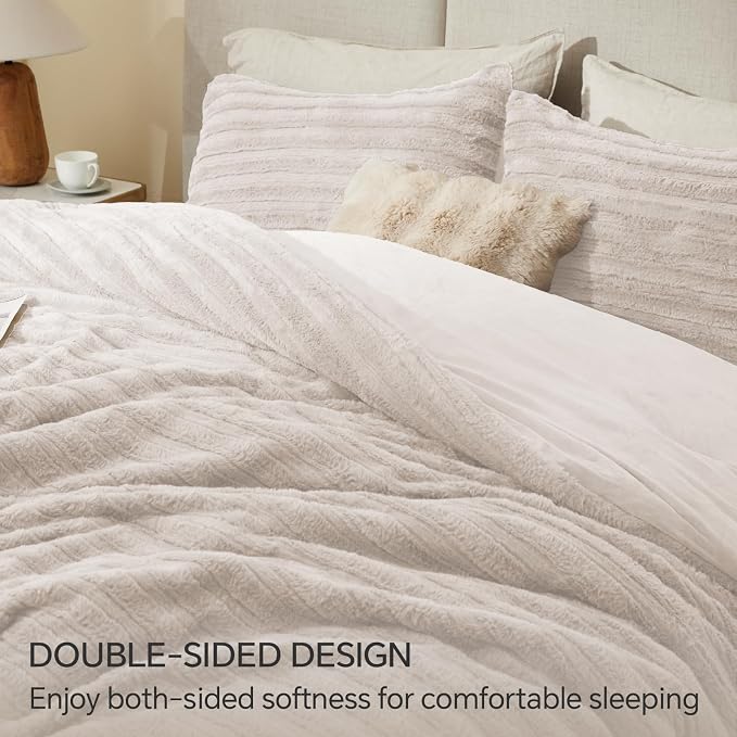BEDELITE Faux Fur King Size Comforter Set, Fluffy Bed Set, Linen | Super Soft & Warm, Luxury Fuzzy Cozy Comforter for Winter, Heavy Plush Bed set, with 2 Pillowcases