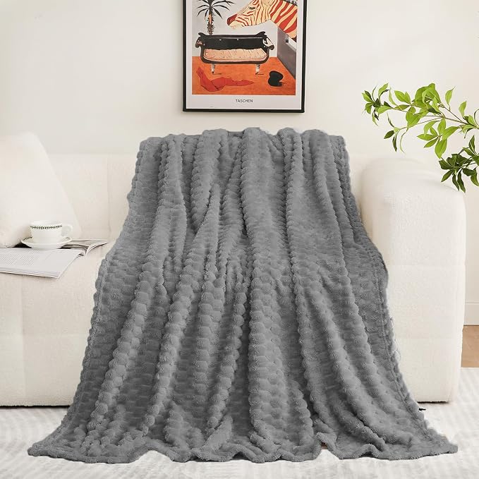 Puncuntex Grey Throw Blanket 50"×60" inches Fuzzy 3D Jacquard Decorative | Flannel Fleece Super Soft Plush Cozy Blanket for Couch Sofa Chair Lightweight