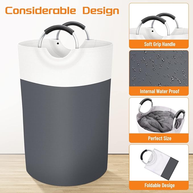 BlissTotes 75L Laundry Basket, Freestanding Collapsible Hamper, Gray | Collapsible Dirty Clothes Hamper, Foldable Laundry Bag for Dorm, Waterproof Fabric, Padded Aluminum Handles