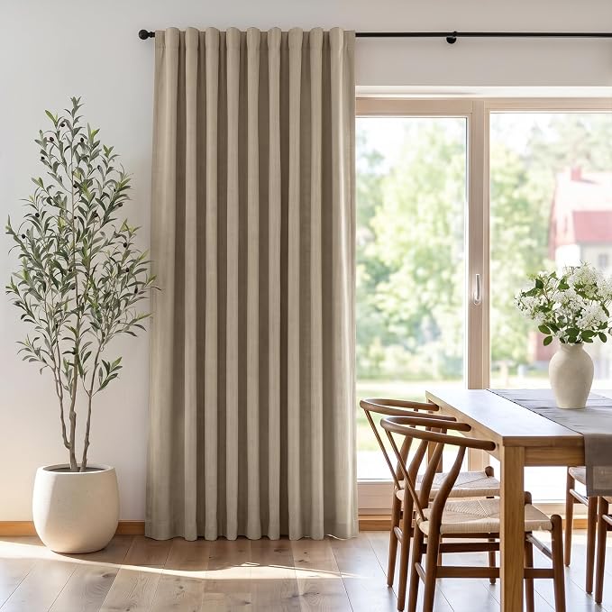 INOVADAY Extra Wide 100% Blackout Linen Curtains 102x84 Earthy Beige | Linen Textured, Light Blocking, Room Darkening, Thermal Insulated, Back Tab Top, Window Curtains for Sliding Door, 1 Panel