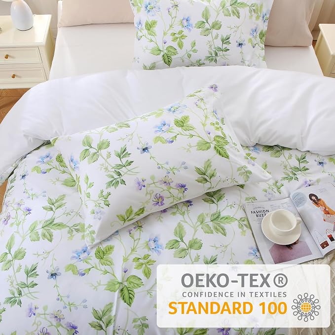 MUXHOMO Duvet Cover King Size, Reversible Floral Vintage Duvet Cover Set with Zipper Closure, 3 Pieces Botanical Patterns Soft Microfiber Bedding Set (90"x104", 2 Pillow Cases 20"×36", Green Branch)