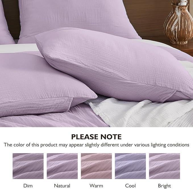 EMME Muslin Cotton Duvet Cover Set Lavender Twin Size Linen Like Soft Breathable Lightweight Summer Comforter Cover Set with Zipper Closure (Lavender, Twin, 68"x90")
