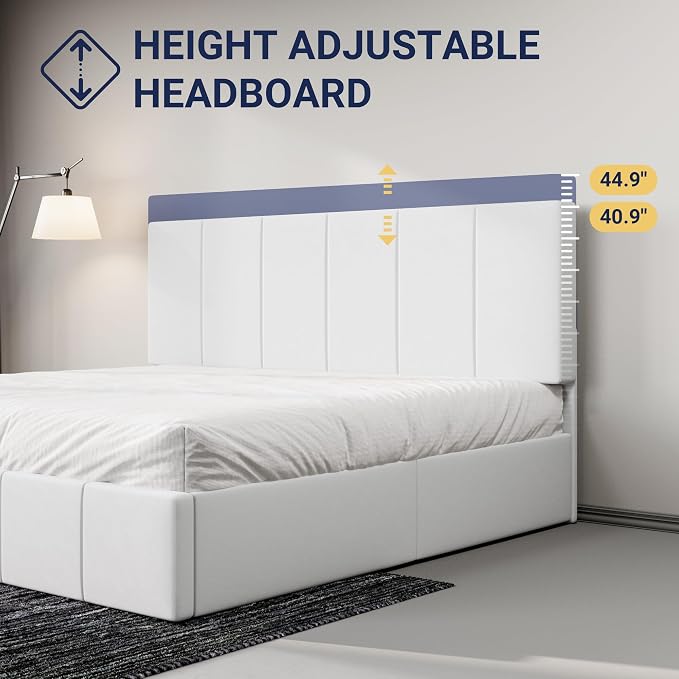 Allewie King Size Dutch Velvet Upholstered Platform Bed Frame/Vertical Channel Tufted Adjustable Headboard/Low Profile Bed Frame/No Box Spring Needed/Easy Assembly/White