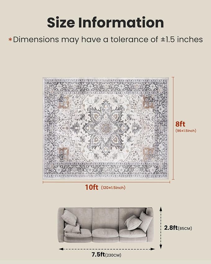 AMADA HOMEFURNISHING 8x10 Area Rugs, Low-Profile Large Washable Area Rug with Non-Slip Backing & Durable Edge Binding, Vintage Rugs for Living Room, Bedroom, Dinning Room
