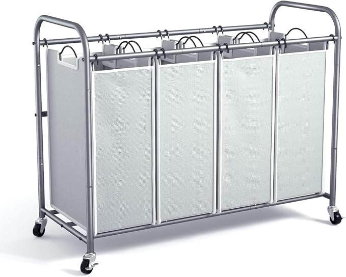 ROMOON Laundry Hamper Sorter Cart, 4-Section Organizer with Lockable Wheels | Heavy-Duty 180L Rolling Laundry Basket with Removable Bags for Dirty Clothes in Laundry Room or Small Spaces, Gray