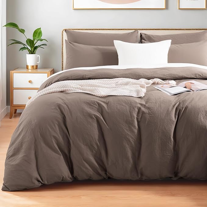 NEXHOME PRO 100% Washed Cotton Duvet Cover King Size, Ogranic Natural Linen Feel Breathable Bedding Set with Zipper Closure, 3 Pieces Duvet Cover Set Chocolate (No Comfortert) 10490