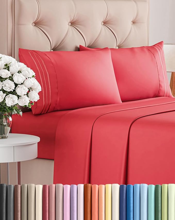King Size 4 Piece Sheet Set - Comfy Breathable & Cooling Bed Sheets - Red | Hotel Luxury Bed Sheets for Women & Men, Deep Pockets, Easy-Fit, Extra Soft and Wrinkle Free Sheets, Oeko-Tex Bed Sheet Set