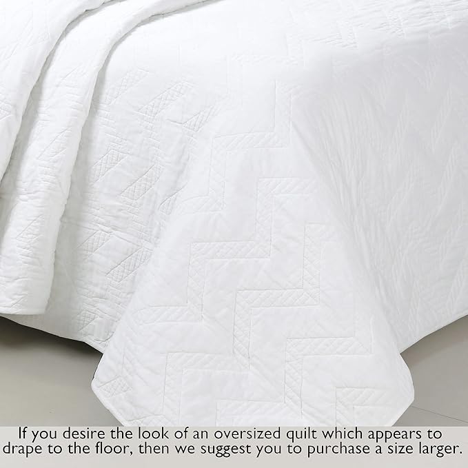 Cozy Line Home Fashions 100% Cotton Geometric Modern Zig Zag Stitch Solid White Quilt Bedding Set, Coverlet, Bedspread Lightweight for All Season (Chevron - White, Queen - 3 piece)