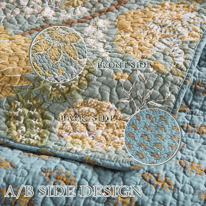 Wistown Cotton Bedspread Bedding Coverlet Quilt Sets, Reversible Vintage Branch Floral Bedspread comforters, (Rustic Sage Green Floral Pattern, Queen Size)