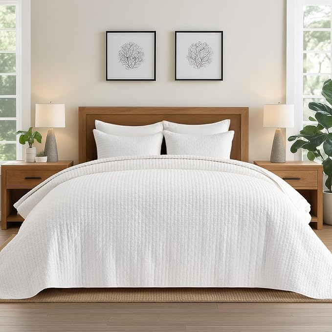 100% Cotton Cross Stitch 3-Piece Quilt, 118"x106", Bright White | Cross Stitch Cotton Quilt, Pre-Washed Bedding Set, Oversized Lightweight Bedspread Coverlet, for All Season, with 2 Shams