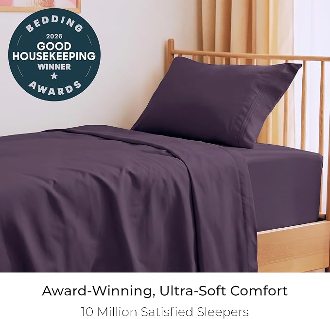 Mellanni Iconic 3-Piece, Ultra Soft Sheet Set (Twin, Purple) | 10M+ Sleepers. Lab-tested: Sleeps Cool, Stays Bright, Strong, Smooth. Good Housekeeping Best Bedding, 7 yrs running.