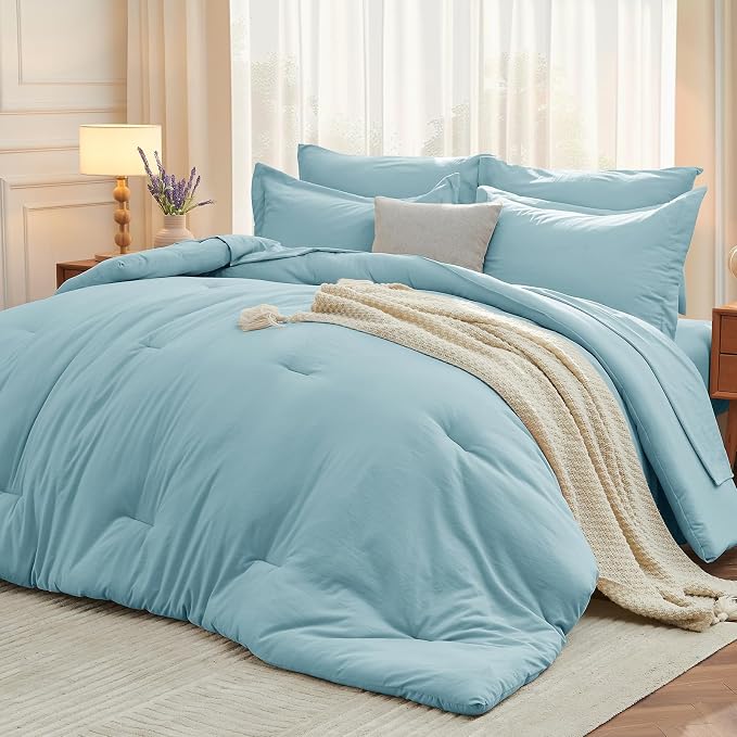 7 Pieces Queen Comforter Set, Soft Bed in a Bag Queen Size, All Season Bedding Set with Comforter, Flat Sheet, Fitted Sheet, Pillowcases & Shams, Lake Blue
