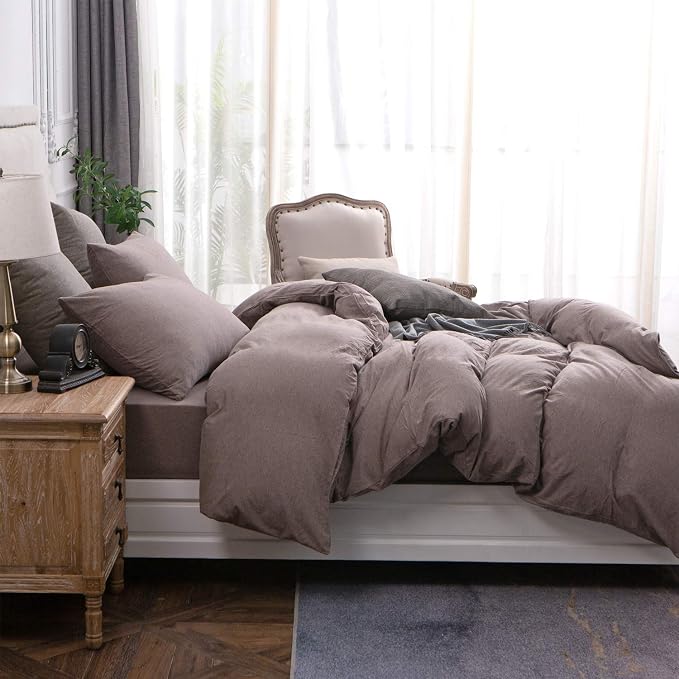 PURE ERA Jersey Knit Sheet Set Heather Brown Queen | 100% Cotton, 3 Piece Set, T Shirt Soft, Breathable, Envelope Closure Pillowcases, Hidden Zipper, 8 Ties, No Insert, Modern