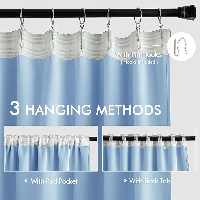 MIULEE Sky Blue Back Tab Blackout Curtains 52x108 Inch Long 2 Panels Set | Rod Pocket Pinch Pleated, Thermal Insulated, Bedroom Living Room Darkening Privacy Drapes, Extra Long Light Blocking Curtains