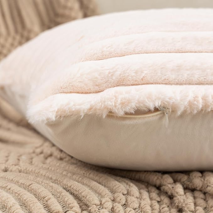 ZLINA Beige Striped Faux Fur Throw Pillow Covers 22 x22 Inch | 2‑Pack, boho striped pillow covers,velvet back,fuzzy plush cushion covers , for sofa bed livingroom home decor