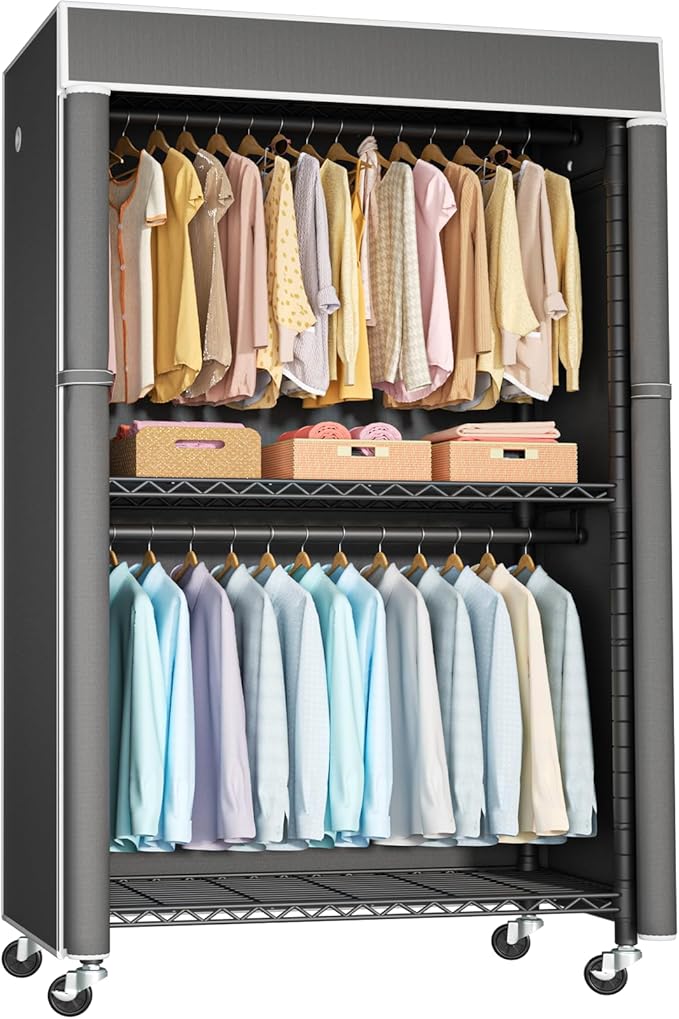 FUTASSI Black Clothing Rack with Dark Gray Cover, P1C Rolling Closets | Metal Garment Rack for Hanging Clothes, Clothing Storage Wardrobe, with Wheels