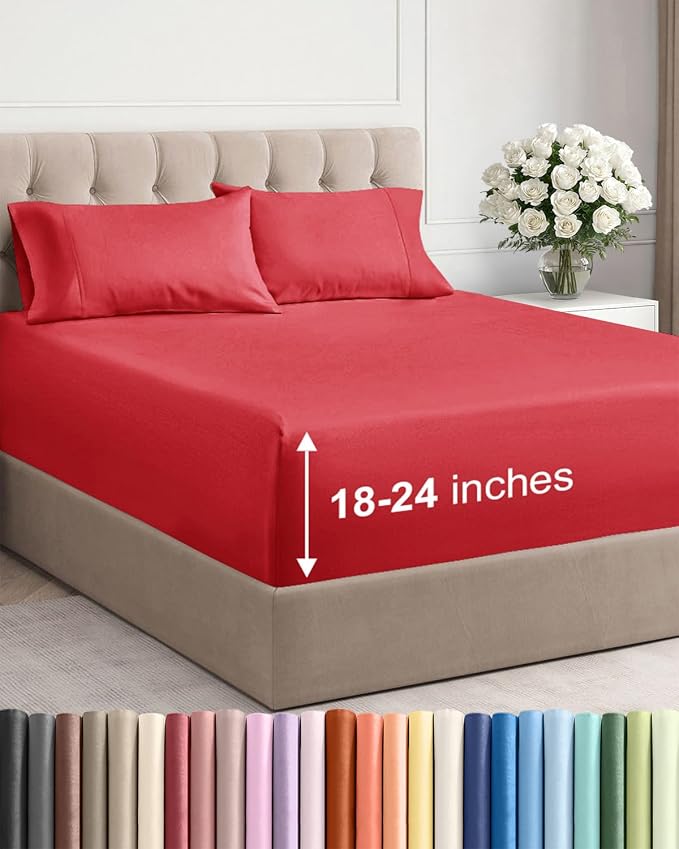 Extra Deep Full Sheet Set - 4 Piece Breathable & Cooling Bed Sheets - Red | Easily Fits 18 to 24 inch Mattress - Ultra Soft, Wrinkle & Fade Free with Extra Deep Pockets - Comfy Hotel Luxury Bedding