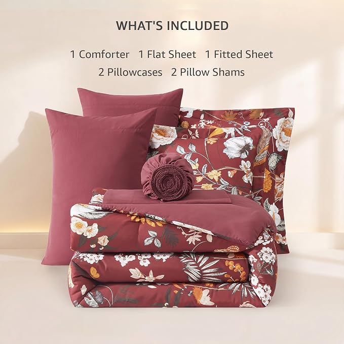 King Size Comforter Set - 7 Pieces Red Floral Bed in a Bag King Bedding Set | All Season Botanical Flowers Comforter Set with Sheets, Pillowcases & Shams