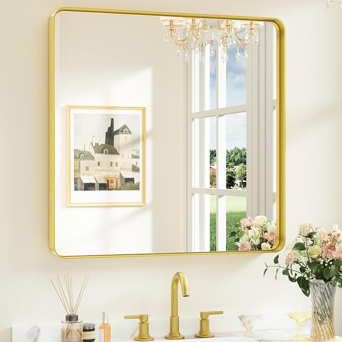 Keonjinn 30 x 30 Inch Brushed Gold Bathroom Mirrors for Over Sink | HD Tempered Glass, Shatter-Resistant, Brass Vanity Mirror, Anti-Rust Aluminum Frame, Rounded Rectangle, French Cleat Mount