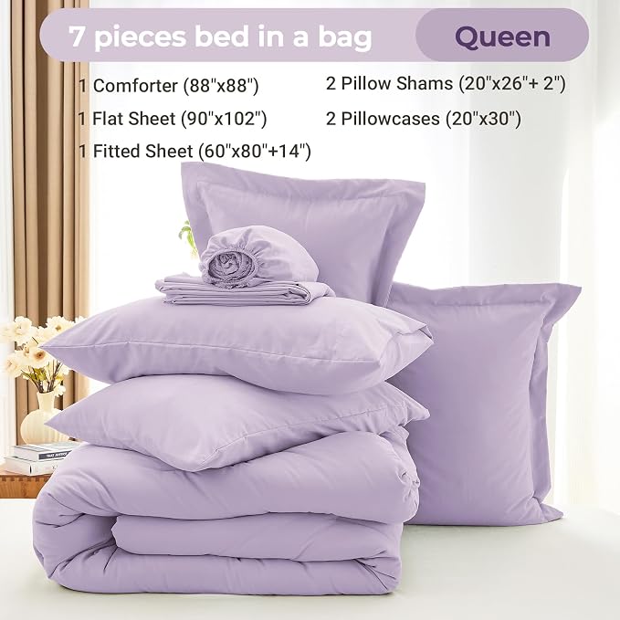 7 Pieces Queen Comforter Set, Soft Bed in a Bag Queen Size, All Season Bedding Set with Comforter, Flat Sheet, Fitted Sheet, Pillowcases & Shams, Lavender
