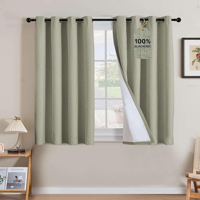 H.VERSAILTEX Linen Curtains 100% Blackout Curtains for Bedroom 45 inch Long Full Light Blocking Nature Linen Blended Window Curtains for Living Room Nickel Grommet (2 Panels, Heathered Tea)