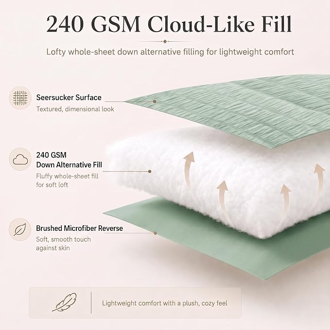Queen Comforter Set, 7 Pieces Sage Green Seersucker Bed in a Bag | OEKO-TEX Certified, All Season Bedding Set with 240 GSM Down Alternative Comforter, Flat & Fitted Sheets, Pillowcases & Shams