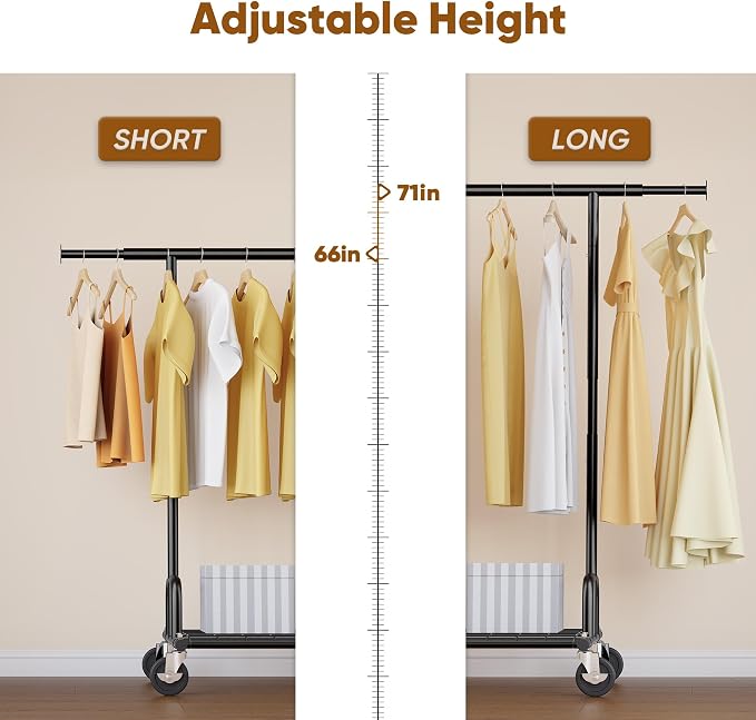 HOKEEPER Clothes Rack Collapsible Clothing Rack Capacity 525LBS Black | Clothing Racks on Wheels Heavy Duty Rolling Clothes Rack for Hanging Clothes for bedroom, Commercial, 22"D x 75"W x 71"H