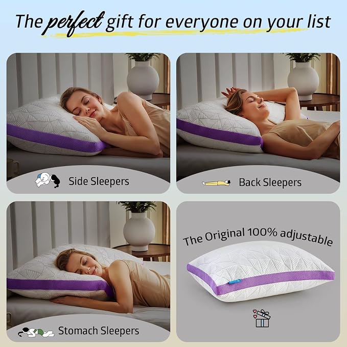 BETU Cooling Pillow Queen Size, Shredded Memory Foam Cool Pillow for Hot Sleepers, Adjustable Firm Soft Support Bed Pillows Perfect for Back Neck Pain and Side Sleeping with Pillow Case Cover, Purple