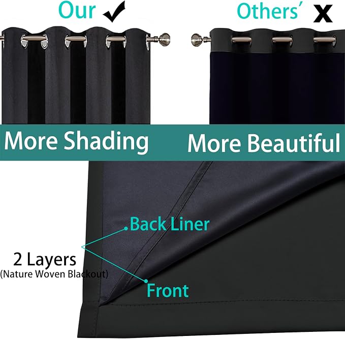 Yakamok Black Blackout Curtains 96 Inches Long for Bedroom 52" Wide 1 Panel | Blackout Curtain Panels for Bedroom, 2 Thick Layers Grommet Top Thermal Insulated Drapes with Black Liner for Living Room