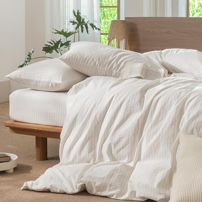 MooMee Striped Duvet Cover Set 100% Washed Cotton Linen Like Full | Relaxed Linen-like Texture. Soft, Breathable & Long-lasting Comfort. Lightweight. Hidden Zipper with 8 Interior Corner Ties