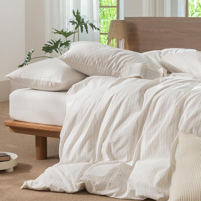 MooMee Striped Duvet Cover Set 100% Washed Cotton Linen Like | Relaxed Linen-like Texture. Soft, Breathable & Long-lasting Comfort. Lightweight. Hidden Zipper with 8 Interior Corner Ties
