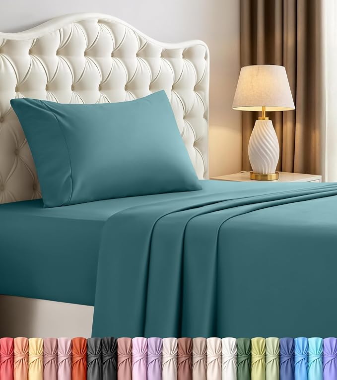 Twin Sheets Set, 3 Pieces 16" Deep Pocket Hotel Luxury Sheets, Denim Blue | Extra Soft Bedsheet Set, Comfy & Breathable Cooling Sheets, Wrinkle & Fade Resistant, Fitted Sheet, Flat Sheet, 1 Pillowcase