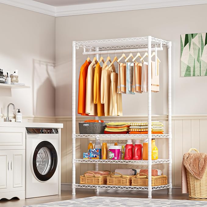 Ulif H4 Portable Closets, 4-Tier Metal Clothes Garment Rack for Bedroom and Cloakroom, Clothing Closet Storage and Organizer Wardrobe, 35.4" W x 14" D x 76.4" H, White | White Freestanding Clothing Closet Storage and Organizer Wardrobe for Apartment an...