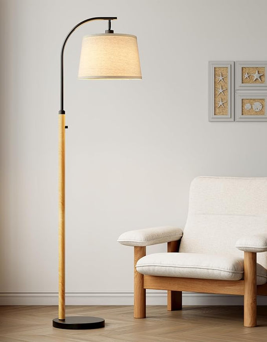 Dimmable Floor Lamp for Living Room, 65" Tall Metal Standing Lamp with LED Bulb, Mid Century Modern Arc Floor Lamp with Linen Shade for Bedroom, Reading Room, Office & Nursery, Black&Natural Color