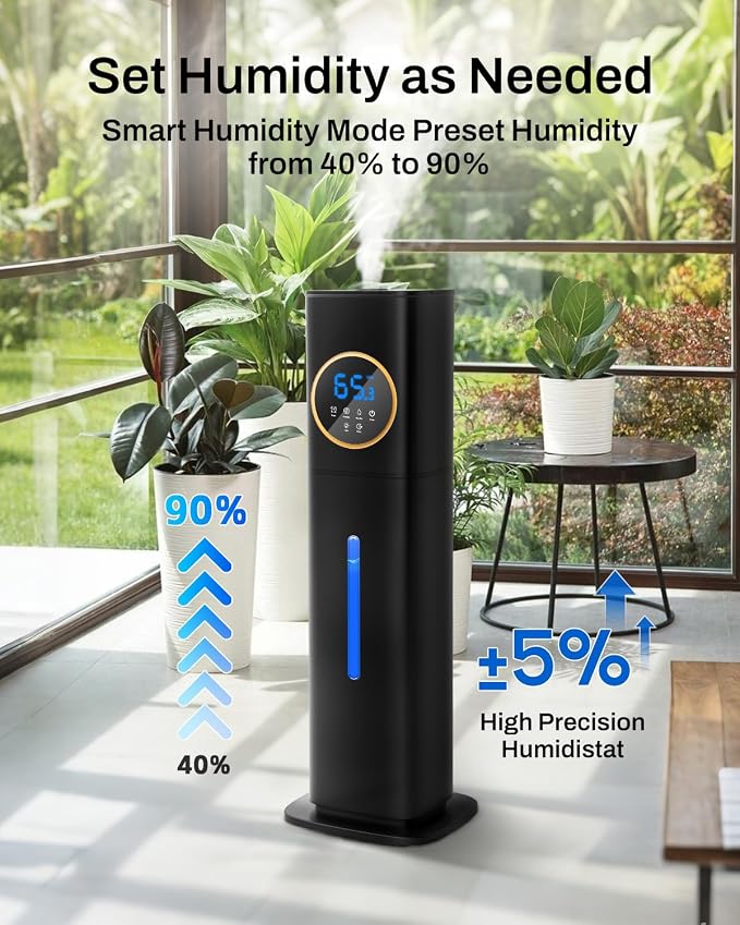 Lacidoll 8L Large Humidifier for Bedroom Large Room Home 800 sq ft, Black | 48H Top Fill Cool Mist Humidifier for Baby Nursery, Humidity Control, Night Light, Essential Oil Tray, Safe for Plants & Pets