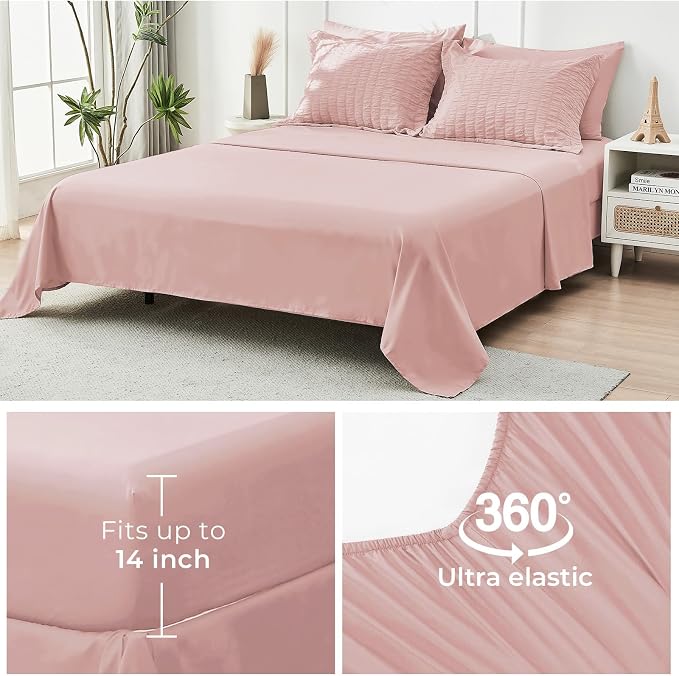 HYMOKEGE Rose Gold California King Comforter Set Seersucker 7 Pieces, All Season Luxury Bed in a Bag Queen for Bedroom, Bedding Set with Comforter, Sheets, Pillowcases & Shams