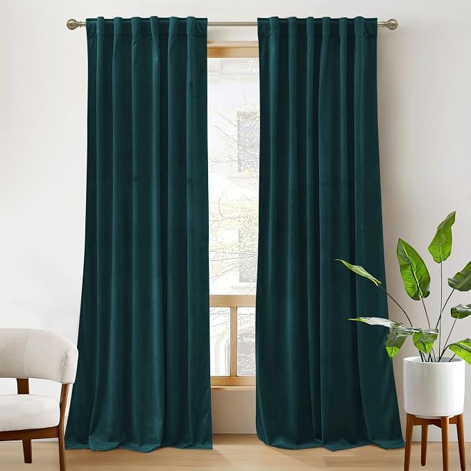 RYB HOME Velvet Curtains 108 inches Long, Extra Long High Ceiling Curtains | Thermal Insulated, Luxurious Home Decor, Curtains for Apartment Loft Large Windows, W52 x L108, Peacock Blue, 2 Panels Set