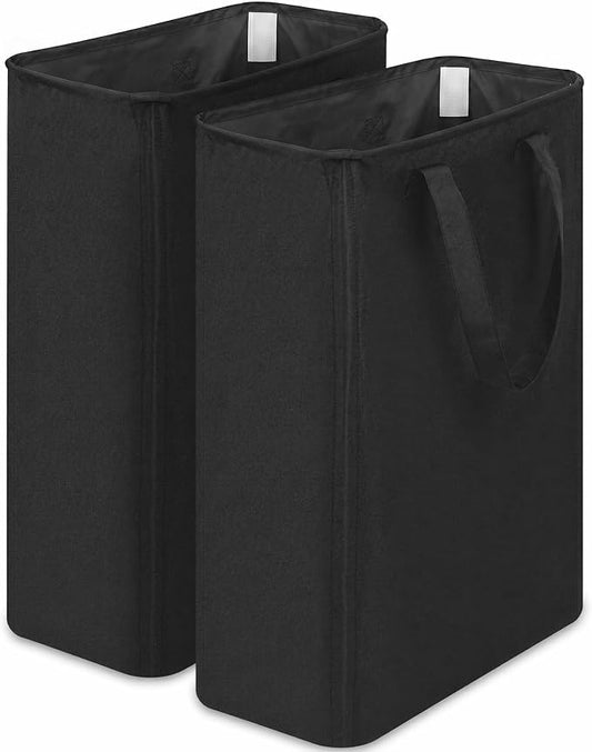 efluky 2 Pack Slim Laundry Basket, Narrow Laundry Hamper with Handles, Collapsible Dirty Clothes Hamper, Tall Laundry Bin for Laundry Room, Dorm and Bedroom, 50L Black