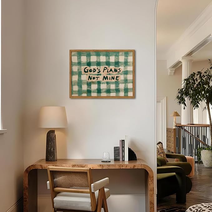 Framed God's Plans Not Mine Canvas Wall Art, Inspirational Faith Quote Pictures Wall Decor, Green Gingham Paintings Prints Christian Home Decor for Living Room Bedroom Dorm Office 12x16 inch