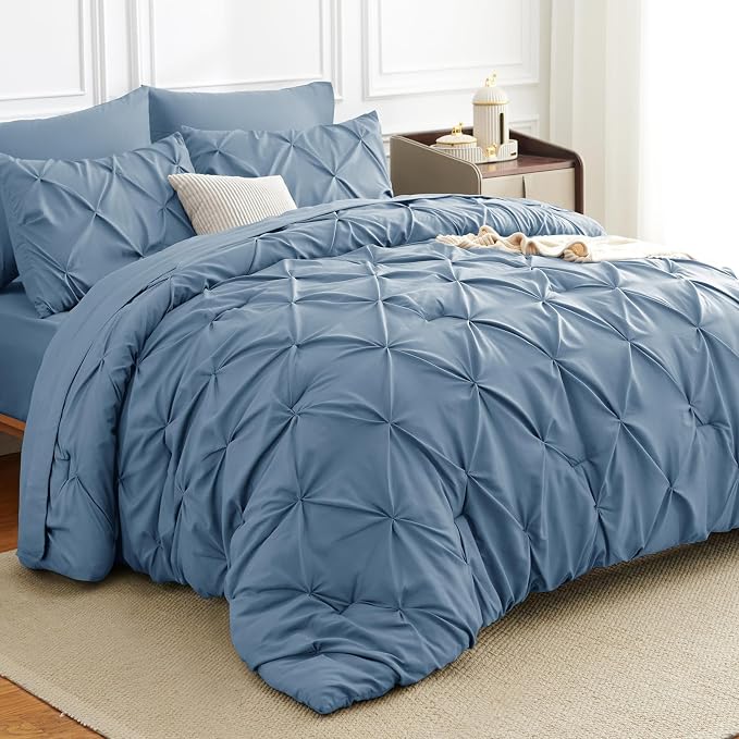 HIMEET King Size Comforter Set Grayish Blue - 7 Pieces Pintuck Bed in a Bag | OEKO-TEX Certified, 240GSM Down Alternative Comforter, 14" Deep Pocket Fitted Sheet + Flat Sheet + 2 Pillowcases + 2 Shams