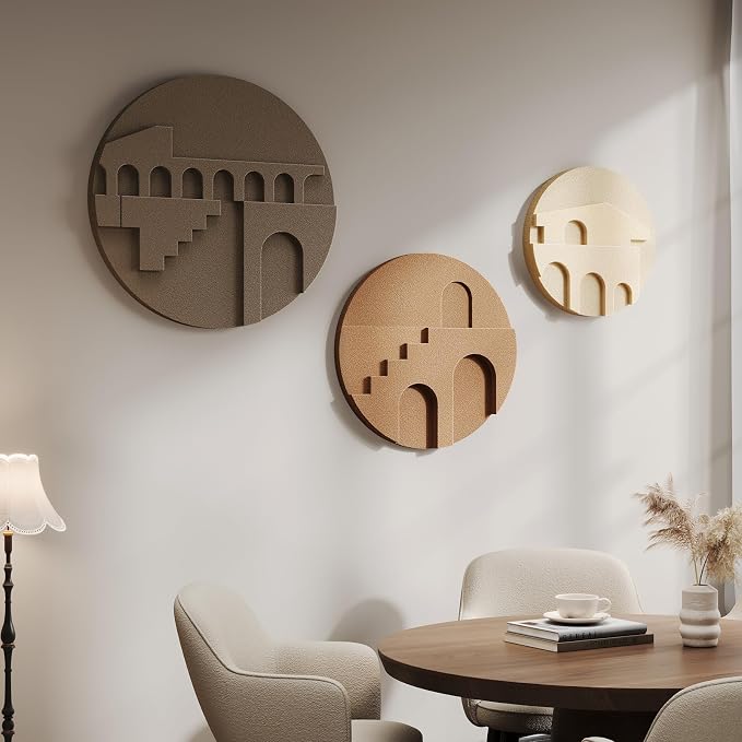 3D Textured Round Neutral Abstract Boho Wall Art for Living Room, 3 Piece | Modern Minimalist Geometric Sculpture Artwork for Walls, Bohemia Earth Tone Paintings, Bedroom Dining Room Office Wall Decor