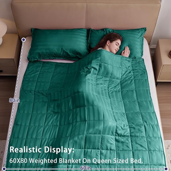 Weighted Blanket for Adults (15 lbs, 60" x 80", Glossy green Stripes) Heavy Blanket for Sleeping Perfect for 140-160 lbs, Queen Size Breathable Blanket with Premium Glass Bead, Machine Washable