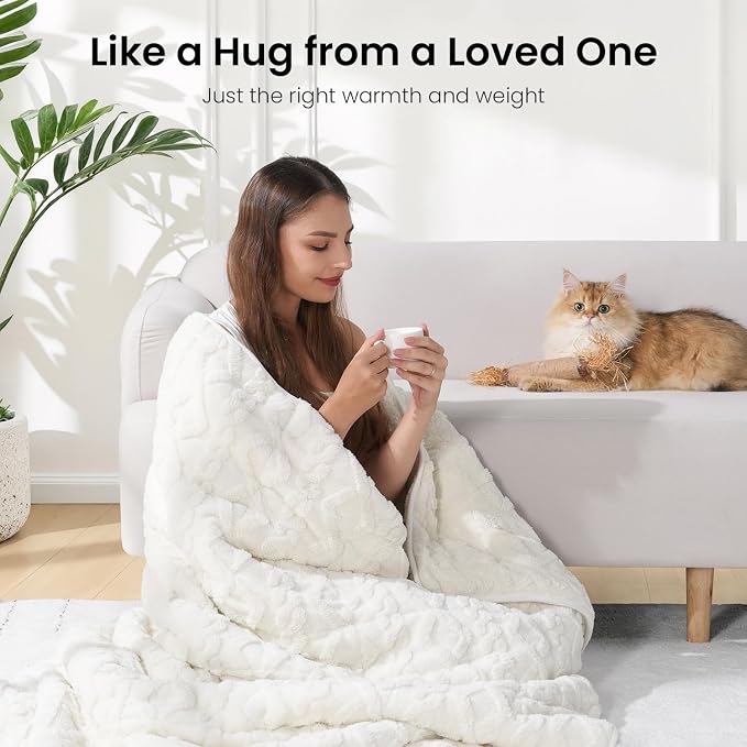 Drewin Weighted Blanket 15lbs Queen Size for Adults,Cream White,60" x 80" | Stress Relief & Better Sleep,Soft Jacquard Sherpa with Glass Beads,Machine Washable,Great for Napping,Relaxing,Reading