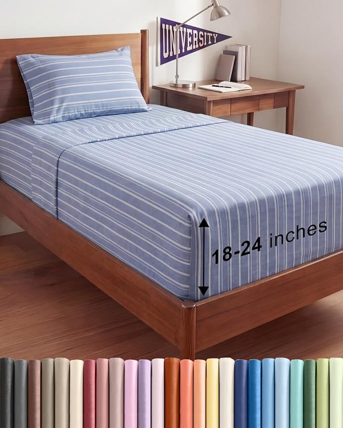 Extra Deep Twin XL Sheet Set - 3 Piece College Dorm Room - Blue Stripes | Soft, Breathable & Cooling, Easily Fits 18 to 24 inch Mattress, Wrinkle Free & Fade Resistant with Extra Deep Pockets