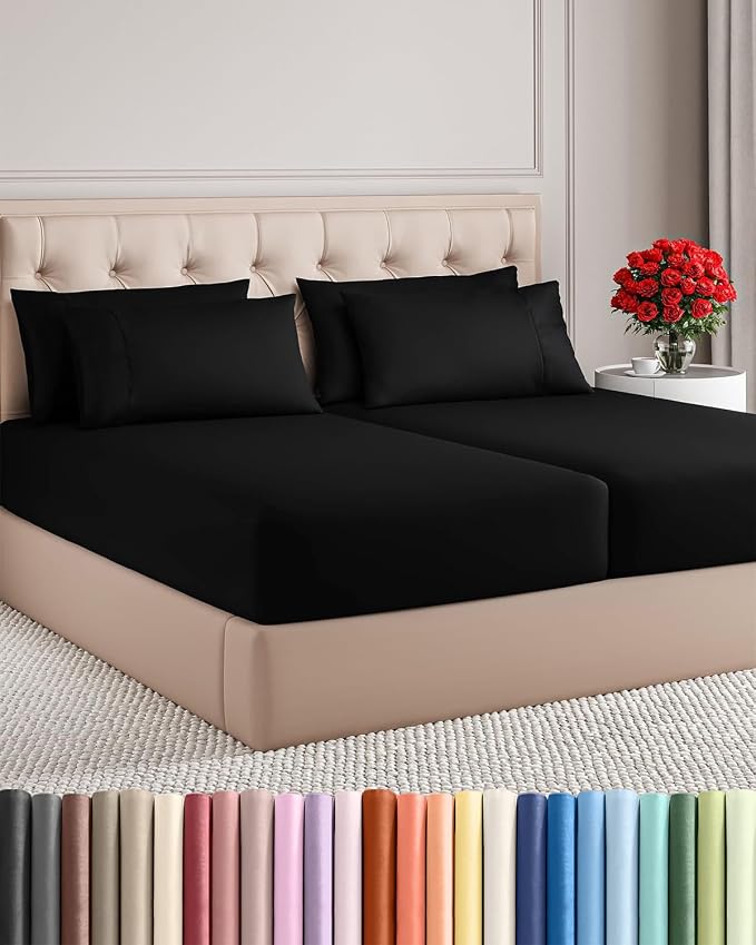 Split King 7 Piece Bed Sheet Set - Comfy, Breathable & Cooling - Black | Ultra-Soft Hotel Luxury Bedding Set w/ 8-16 Inch Deep Pockets, 1 Flat & 2 Fitted Sheet & 4 Pillowcases, Wrinkle & Fade Free