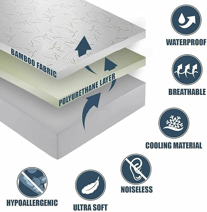 Bamboo Cooling Mattress Protector with Zipper - 100% Waterproof Twin Size Mattress Cover - Ultra Soft Jacquard Fabric Breathable Noiseless Mattress Pad Covers - Zippered Mattress Encasement